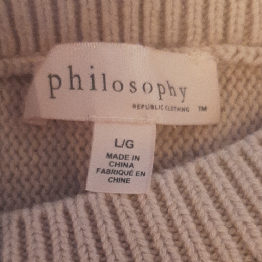 Philosophy Beige ๐ฏCOTTON Crew Neck Sweater High Low Hem/Dolman Sleeves Sz L - Picture 2 of 7